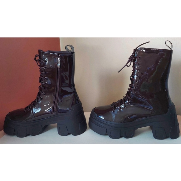 NEW - EGO Chocolate Brown Patent Lace Up Boots - Picture 3 of 11